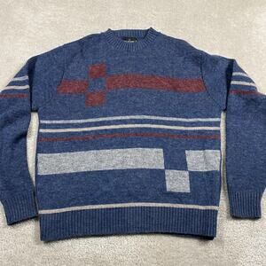Vintage 80s Pine State Sweater Mens XL Blue Wool Geometric Stripe Crewneck USA